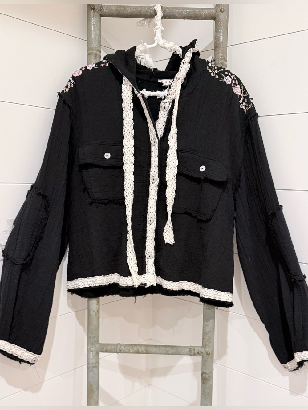 NEW Special Price : The Kylie”Black Floral Embroidered Hooded Jacket